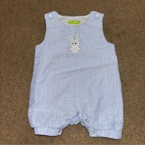 Be Mine Blue Seersucker Striped Baby Romper with Bunny Design, size 12 months